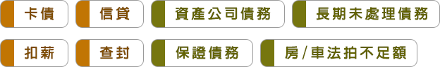 卡債/信貸/資產公司債務/長期未處理債務/扣薪/查封/保證債務/房.車法拍不足額